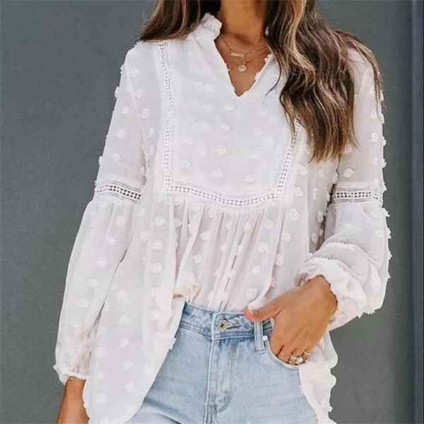 Lace V-neck Chiffon Fur Ball With Lining Long Sleeve Blouse