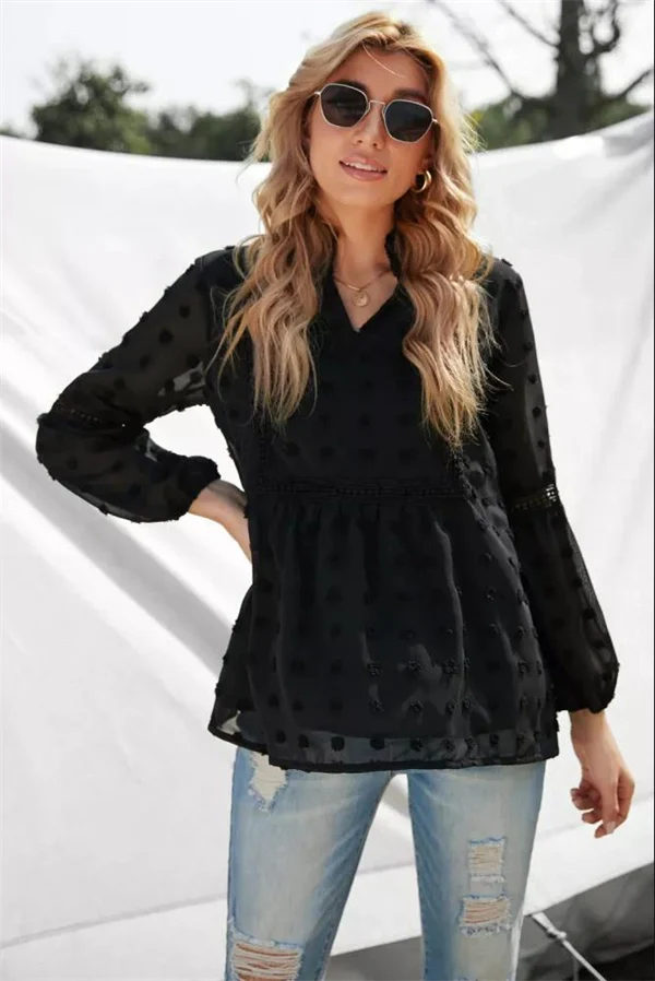 Lace V-neck Chiffon Fur Ball With Lining Long Sleeve Blouse