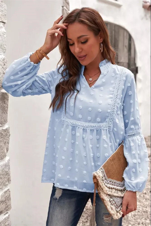 Lace V-neck Chiffon Fur Ball With Lining Long Sleeve Blouse