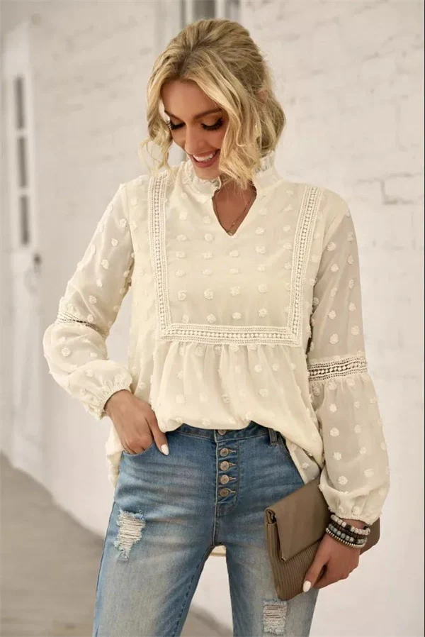 Lace V-neck Chiffon Fur Ball With Lining Long Sleeve Blouse