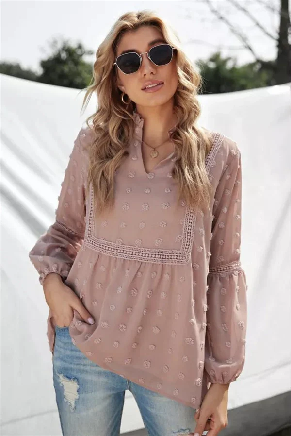 Lace V-neck Chiffon Fur Ball With Lining Long Sleeve Blouse