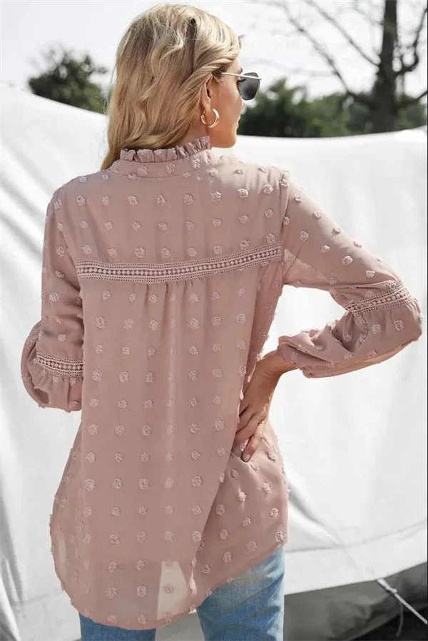 Lace V-neck Chiffon Fur Ball With Lining Long Sleeve Blouse