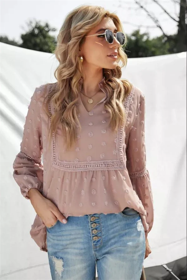 Lace V-neck Chiffon Fur Ball With Lining Long Sleeve Blouse