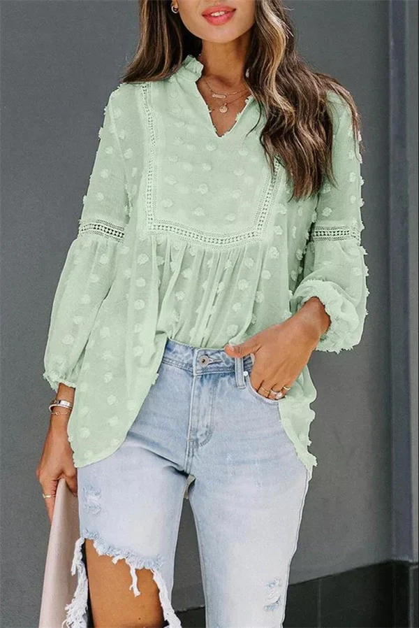 Lace V-neck Chiffon Fur Ball With Lining Long Sleeve Blouse