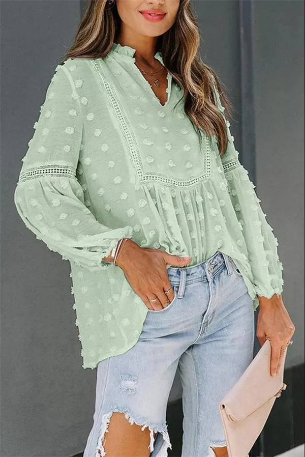 Lace V-neck Chiffon Fur Ball With Lining Long Sleeve Blouse