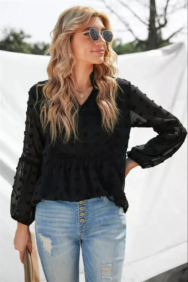 Lace V-neck Chiffon Fur Ball With Lining Long Sleeve Blouse