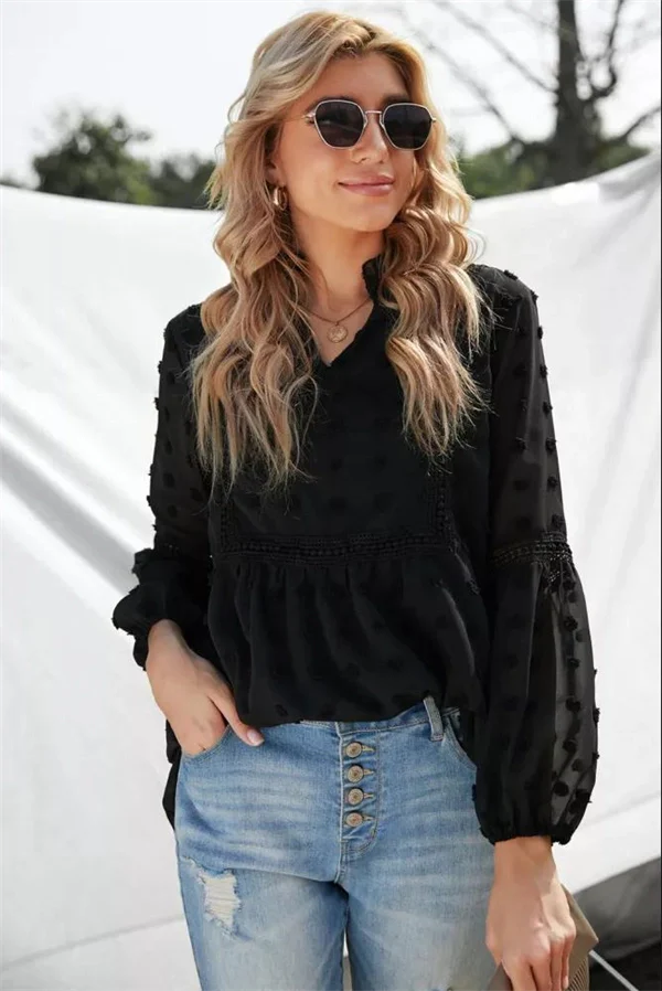 Lace V-neck Chiffon Fur Ball With Lining Long Sleeve Blouse