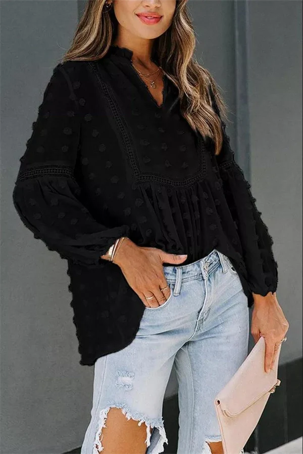 Lace V-neck Chiffon Fur Ball With Lining Long Sleeve Blouse