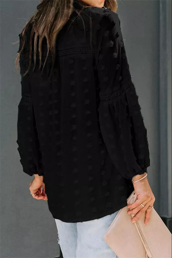 Lace V-neck Chiffon Fur Ball With Lining Long Sleeve Blouse