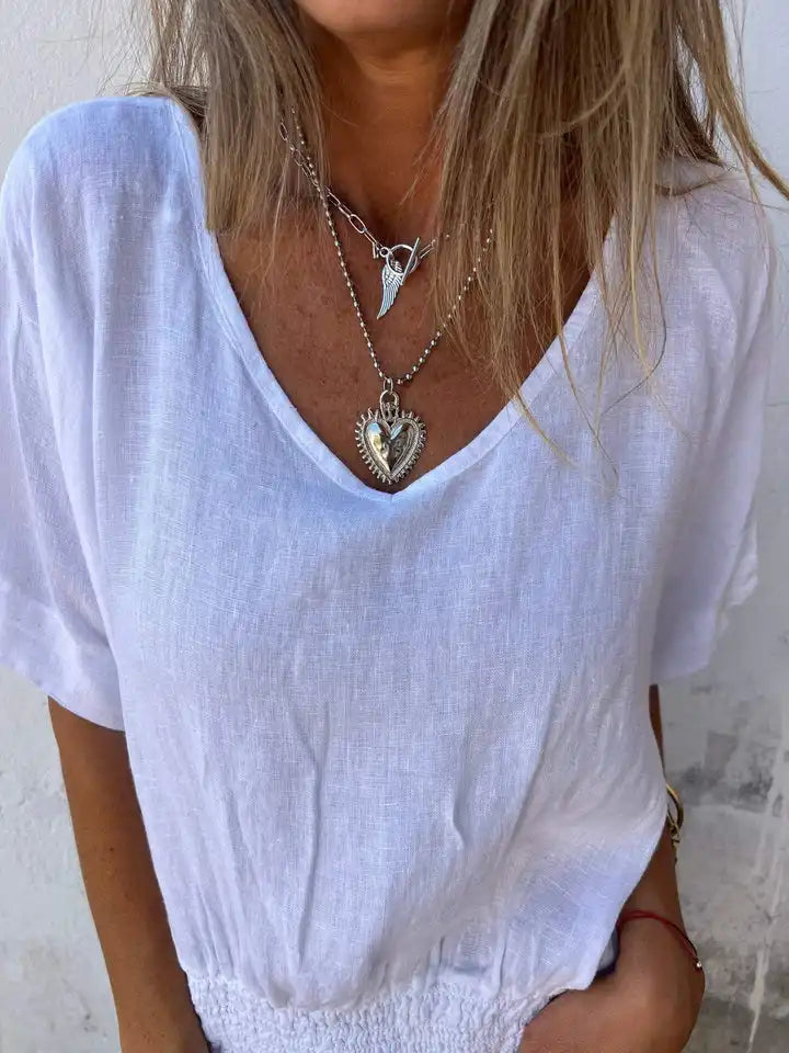 Ladies Cool Casual Linen V-neck Waist T-shirt