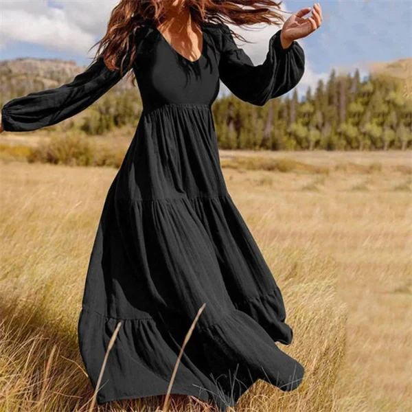 Long Sleeve Fall Dress for Women - High Waist Brown A-Line Maxi Dress for Autumn
