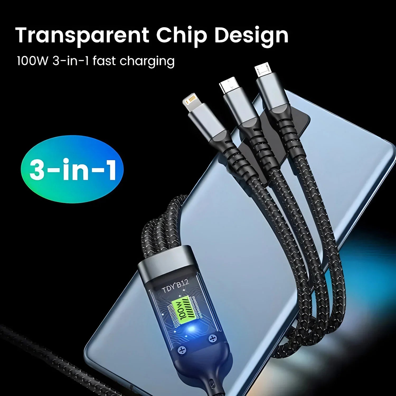 Luminous 3-in-1 Cable - 100W Fast-Charging with Digital Display