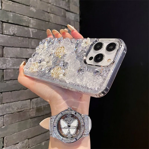 Luxury Crystal Rose Flower Case for iPhone 17 – Sparkling, Elegant, and Chic Design for Women