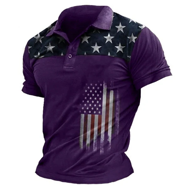 Men’s American Flag Polo Shirt – 3D Print Short Sleeve Golf Shirt, Patriotic Collared Top for Veterans, Casual, Streetwear & Holiday Outfits (Black/Blue/Purple)