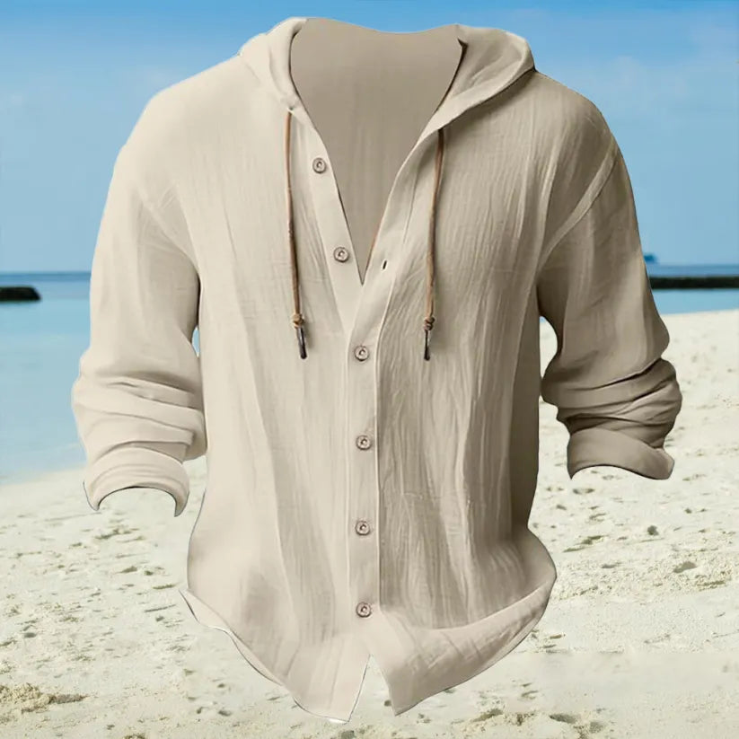 Men's Cotton-Linen Hooded Shirt - Button Front & Long Sleeve