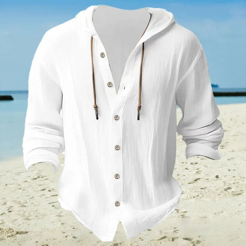 Men's Cotton-Linen Hooded Shirt - Button Front & Long Sleeve