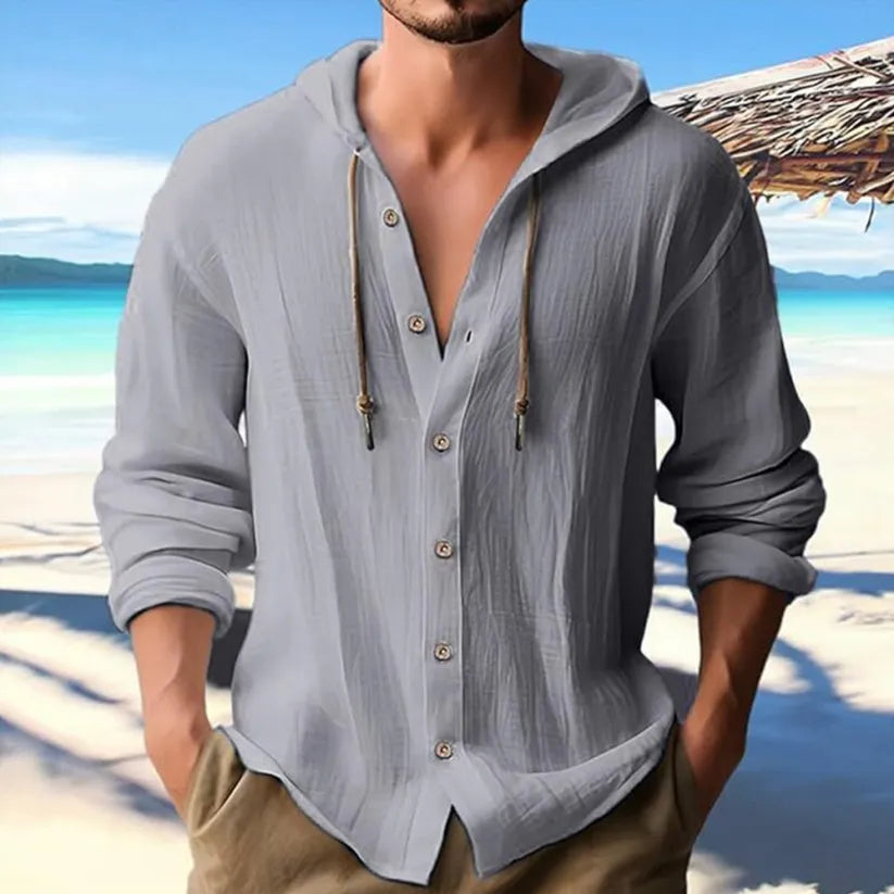 Men's Cotton-Linen Hooded Shirt - Button Front & Long Sleeve