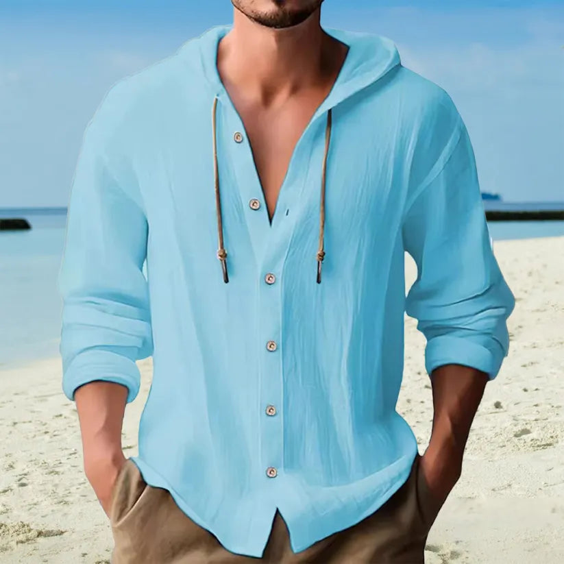 Men's Cotton-Linen Hooded Shirt - Button Front & Long Sleeve
