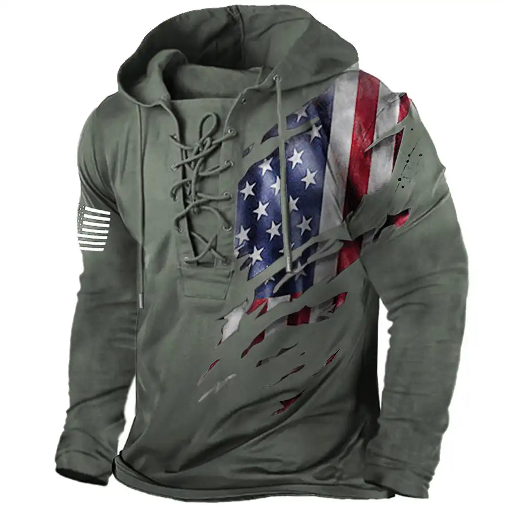 Men's Distressed American Flag Hoodie - Retro Lace-Up Pullover with Military Style