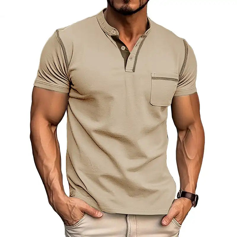Men's Pocket Henley Shirt - Short Sleeve Cotton Tee