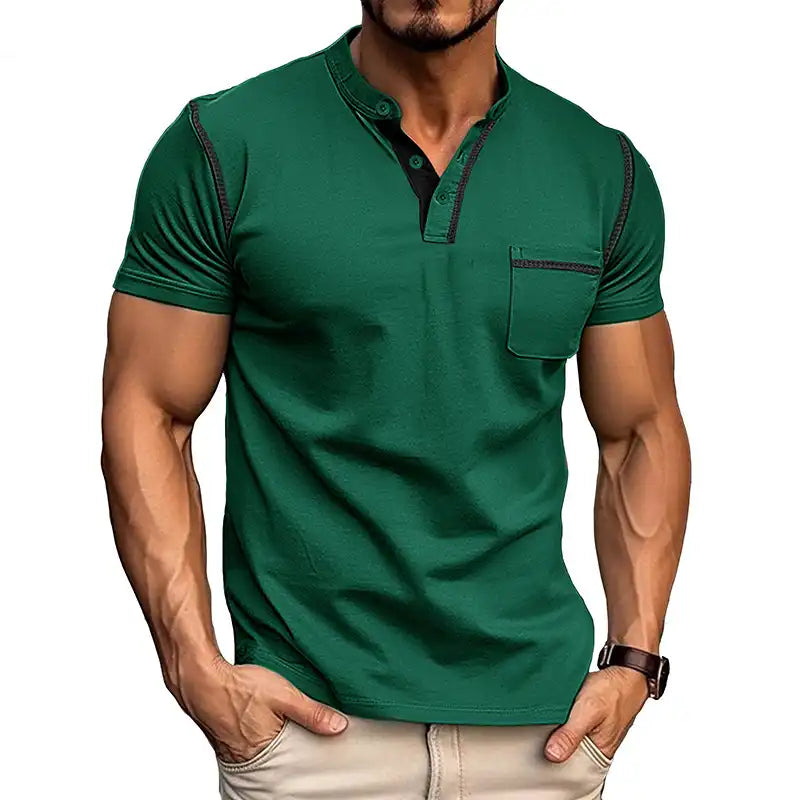 Men's Pocket Henley Shirt - Short Sleeve Cotton Tee