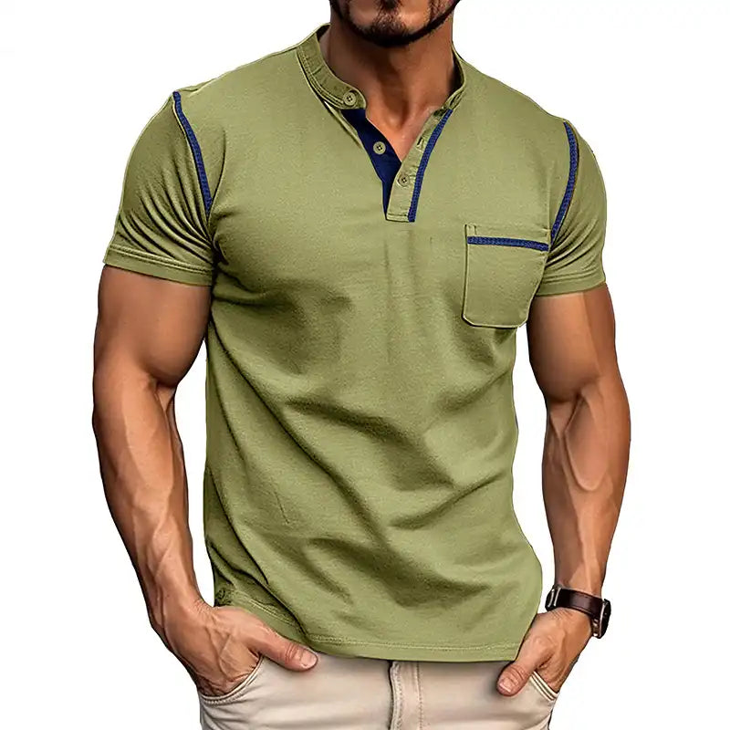 Men's Pocket Henley Shirt - Short Sleeve Cotton Tee