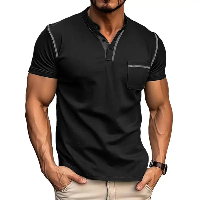 Men's Pocket Henley Shirt - Short Sleeve Cotton Tee