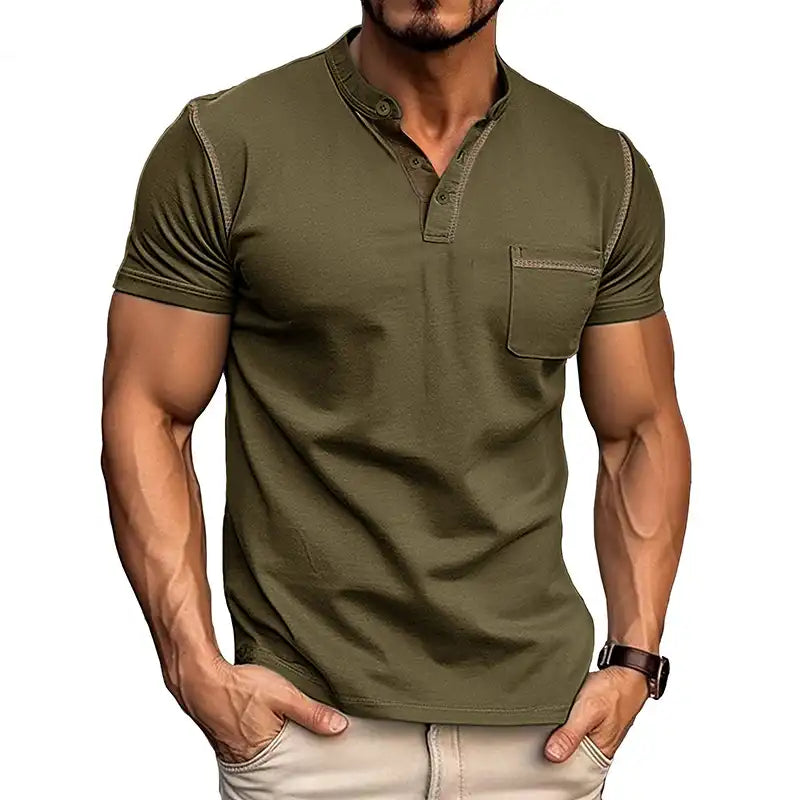 Men's Pocket Henley Shirt - Short Sleeve Cotton Tee