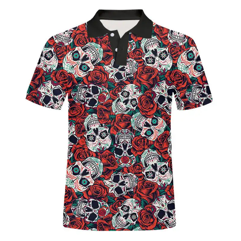 Men's Rose & Skull Print Golf Polo Shirt