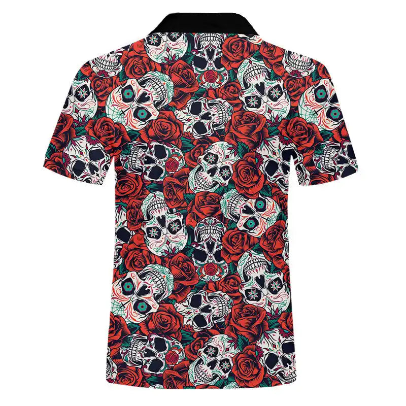 Men's Rose & Skull Print Golf Polo Shirt
