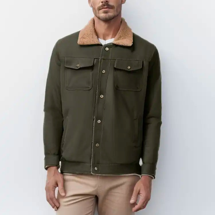Men's Sherpa-Lined Bomber Jacket - Windproof Fleece Coat | Cargo Pockets