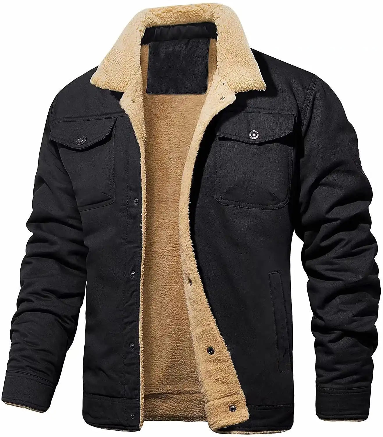 Men's Sherpa-Lined Bomber Jacket - Windproof Fleece Coat | Cargo Pockets