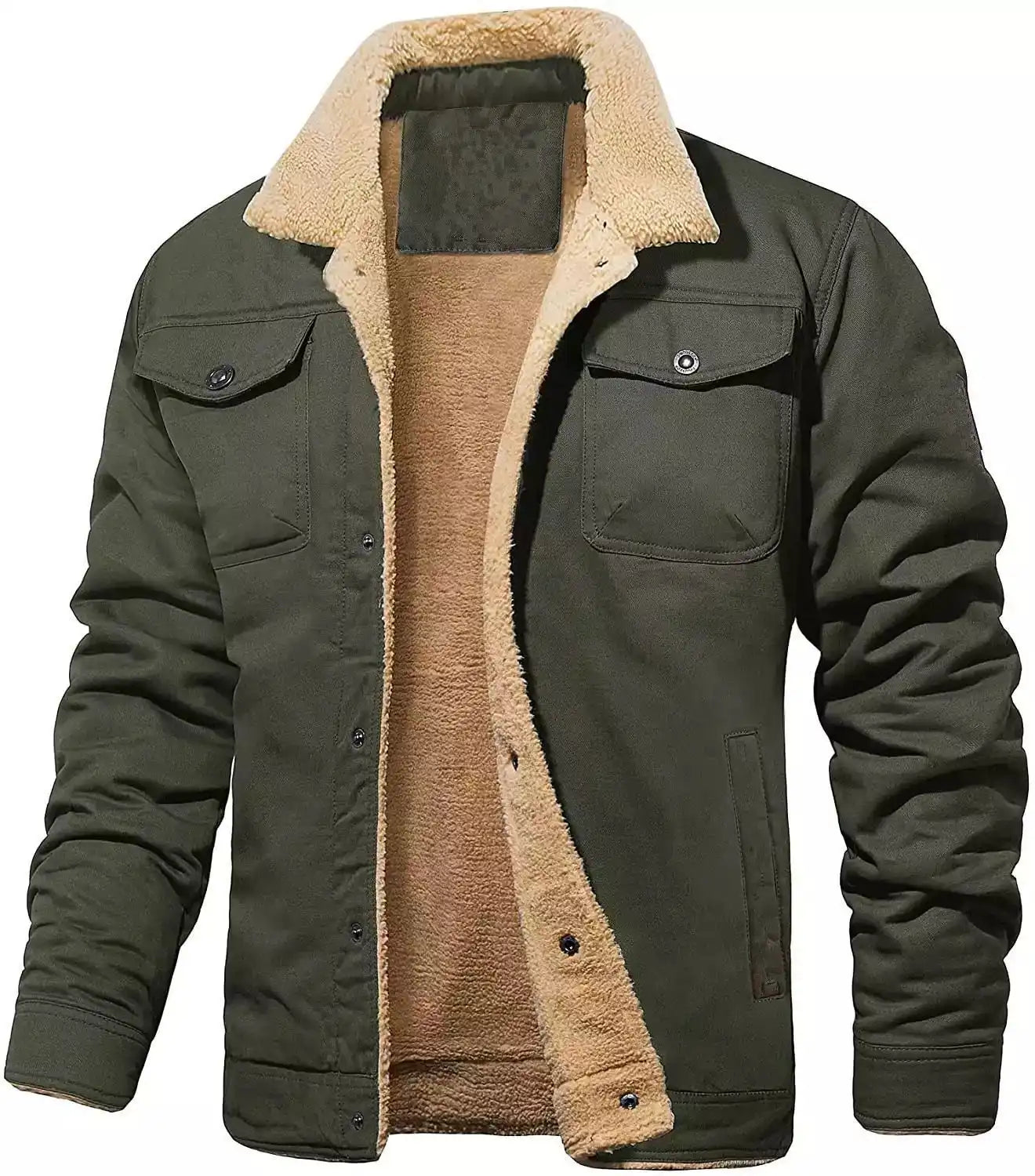 Men's Sherpa-Lined Bomber Jacket - Windproof Fleece Coat | Cargo Pockets