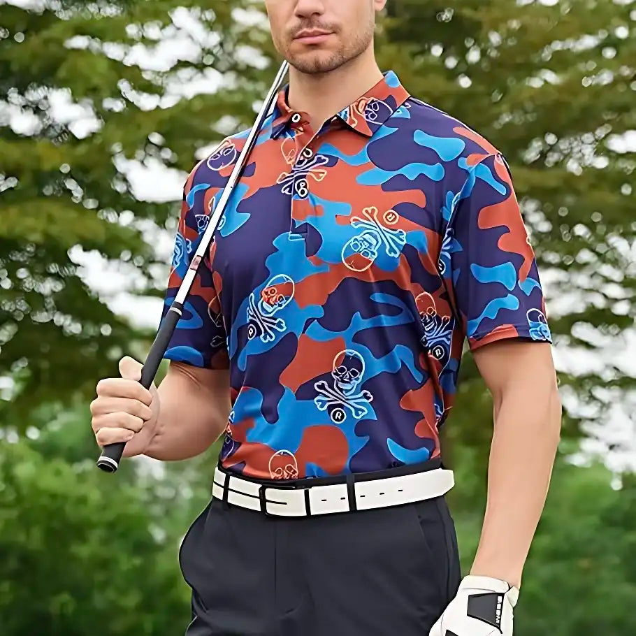 Men's Skull Print Golf Polo Shirt - Quick-Dry, 4-Way Stretch & Moisture Wicking