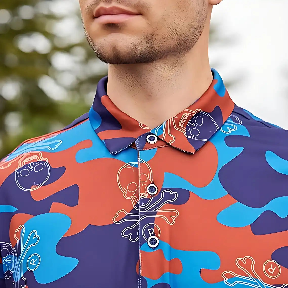 Men's Skull Print Golf Polo Shirt - Quick-Dry, 4-Way Stretch & Moisture Wicking