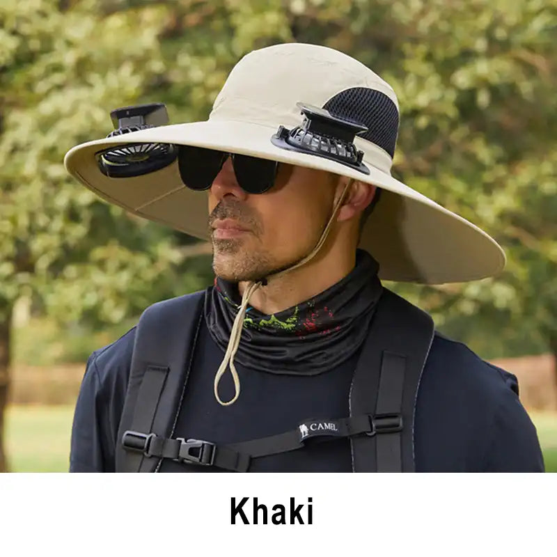 Men's Solar Fan Hat with 15cm Brim | Dual USB-Charged Ventilation & UV Protection for Hiking/Fishing