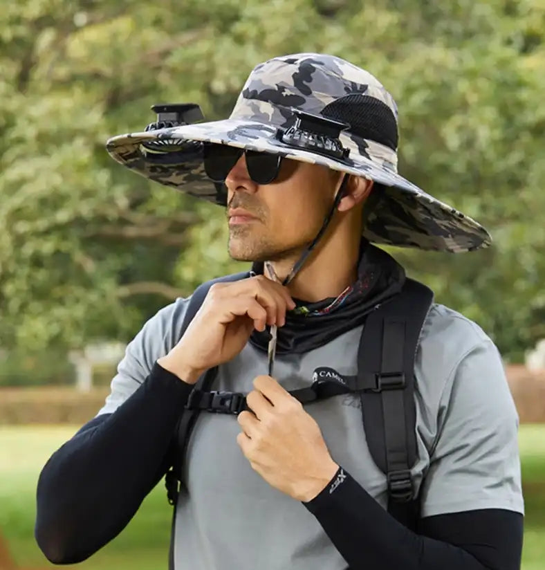 Men's Solar Fan Hat with 15cm Brim | Dual USB-Charged Ventilation & UV Protection for Hiking/Fishing