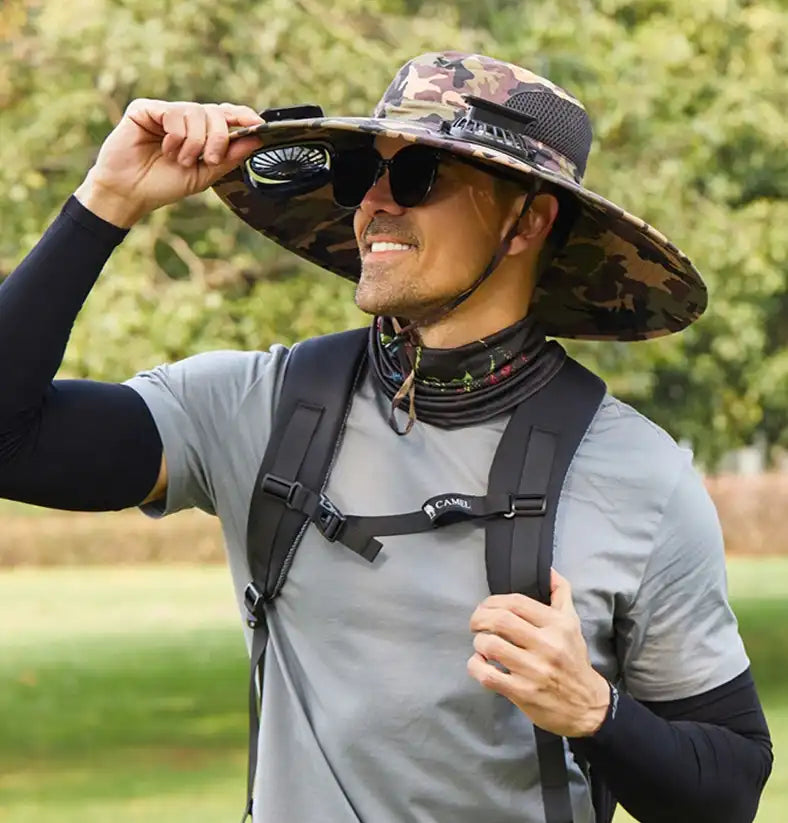 Men's Solar Fan Hat with 15cm Brim | Dual USB-Charged Ventilation & UV Protection for Hiking/Fishing