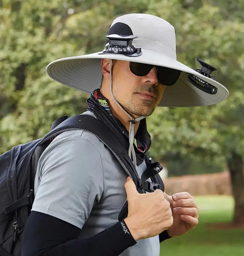 Men's Solar Fan Hat with 15cm Brim | Dual USB-Charged Ventilation & UV Protection for Hiking/Fishing