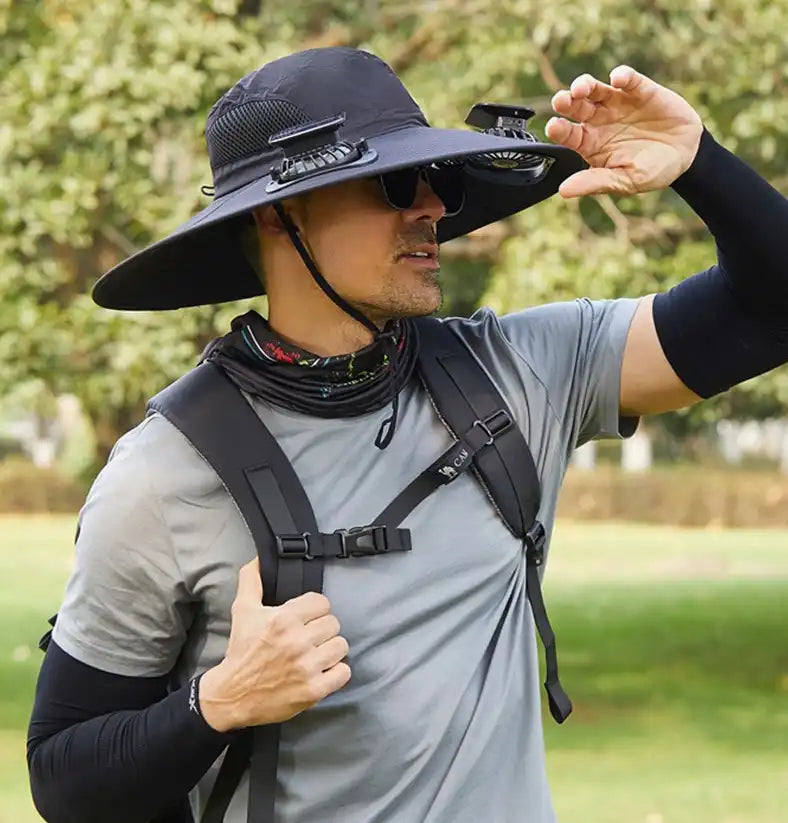 Men's Solar Fan Hat with 15cm Brim | Dual USB-Charged Ventilation & UV Protection for Hiking/Fishing