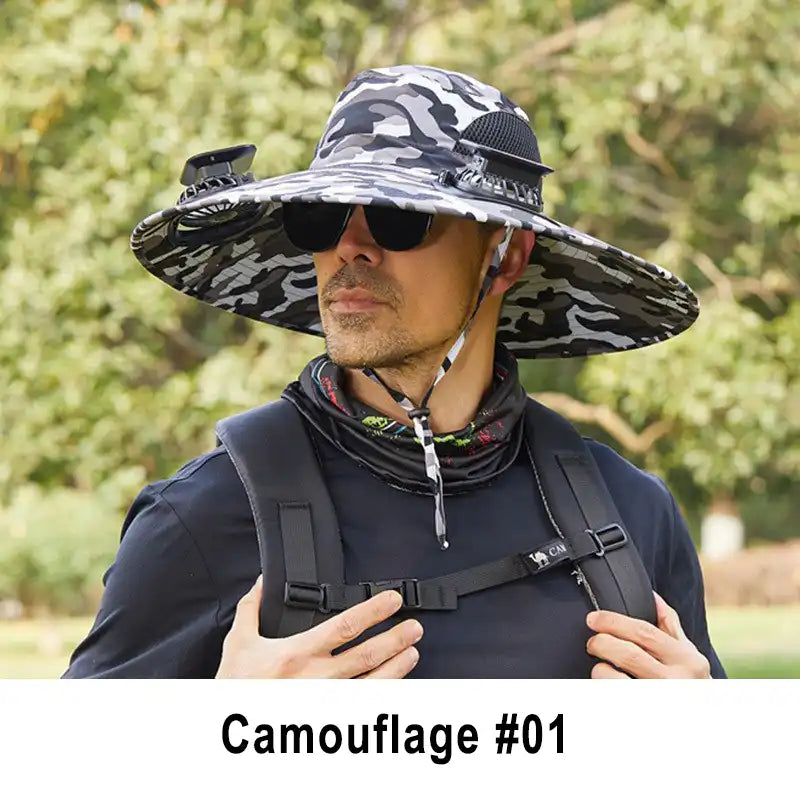 Men's Solar Fan Hat with 15cm Brim | Dual USB-Charged Ventilation & UV Protection for Hiking/Fishing