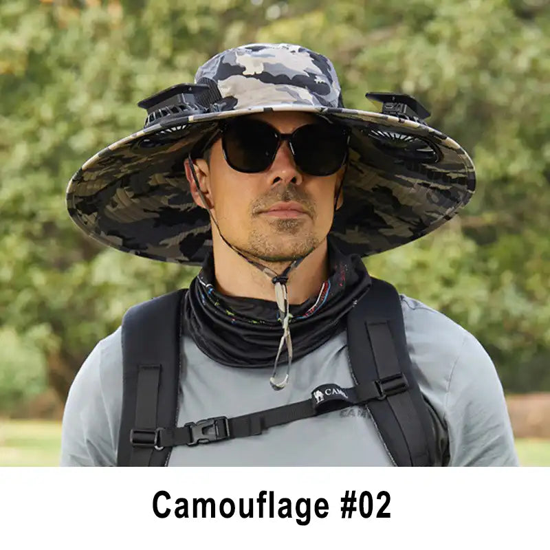 Men's Solar Fan Hat with 15cm Brim | Dual USB-Charged Ventilation & UV Protection for Hiking/Fishing