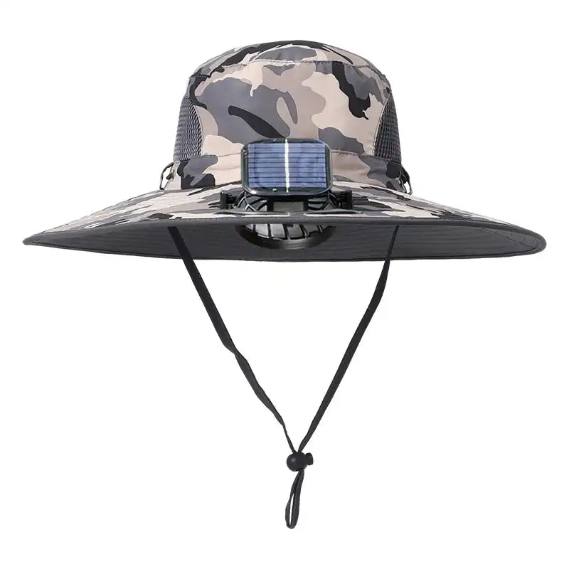 Men's Solar Fan Wide Brim Sun Hat - Windproof Strap, UV Protection, Breathable Mesh