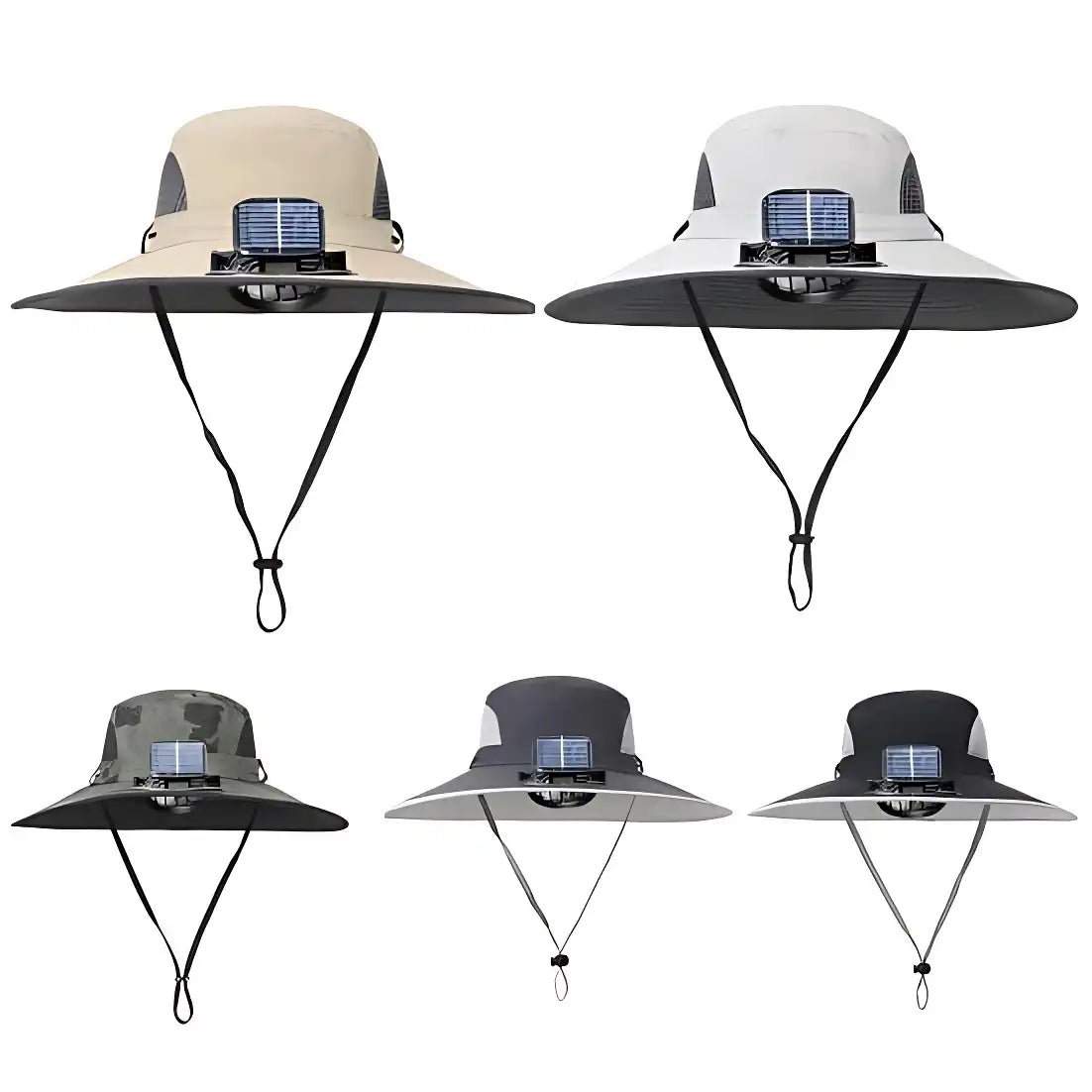 Men's Solar Fan Wide Brim Sun Hat - Windproof Strap, UV Protection, Breathable Mesh
