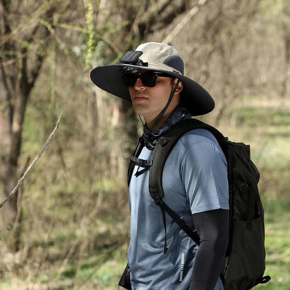 Men's Solar Fan Wide Brim Sun Hat - Windproof Strap, UV Protection, Breathable Mesh