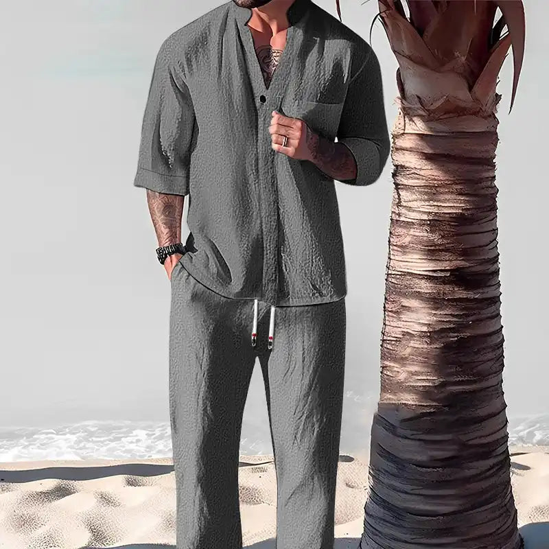 Men's Textured Casual V-Neck Half Sleeve Top 2 Piece Set