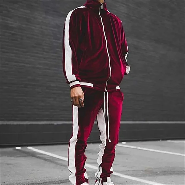 Men's Velour Tracksuit Set - Color Block Streetwear with Standing Collar