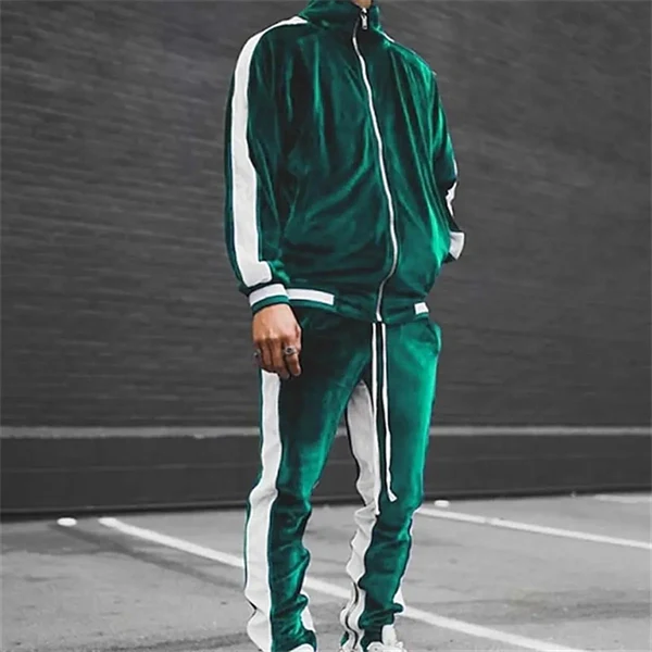 Men's Velour Tracksuit Set - Color Block Streetwear with Standing Collar