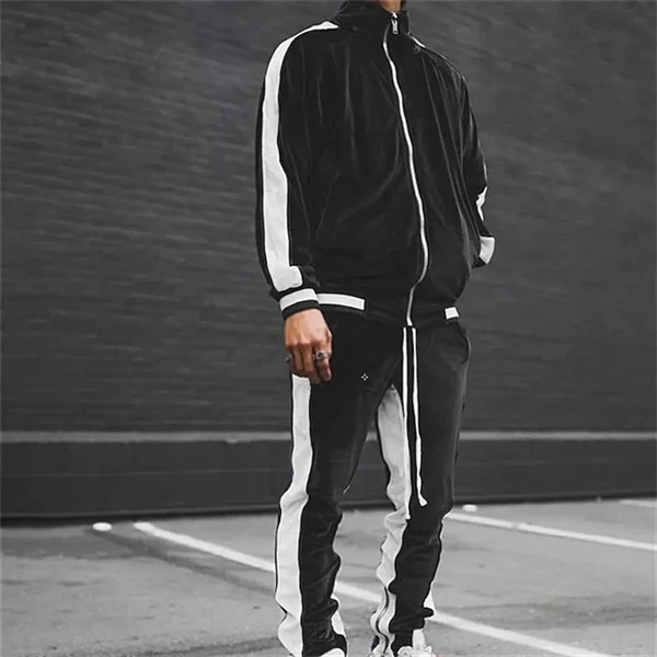 Men's Velour Tracksuit Set - Color Block Streetwear with Standing Collar