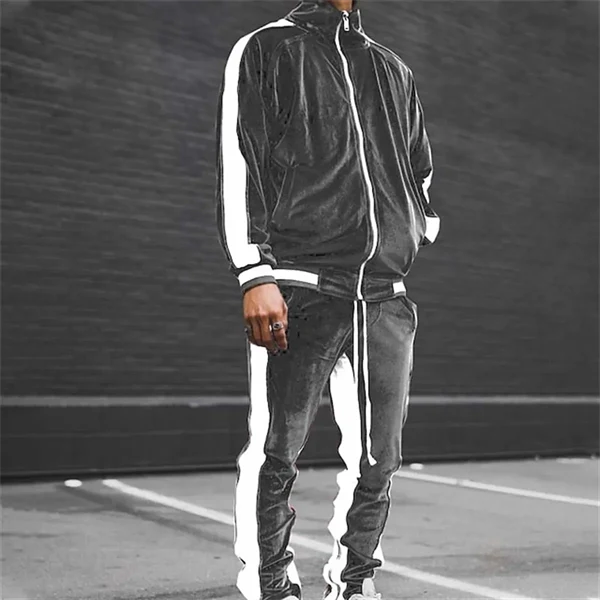Men's Velour Tracksuit Set - Color Block Streetwear with Standing Collar